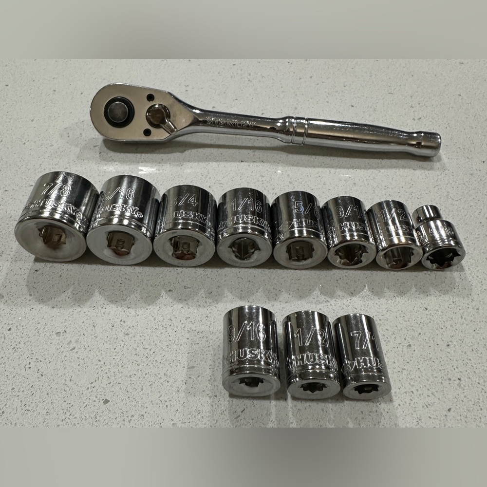 Stanley tools 3/8” ratchet and miscellaneous 12 point standard sockets